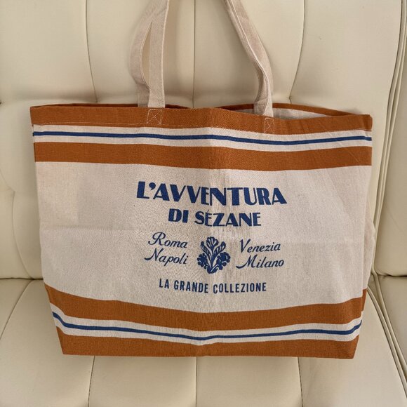 Sezane limited edition Italy l'Avventura tote bag, tan/gold/yellow stripe, NWOT - Picture 1 of 3
